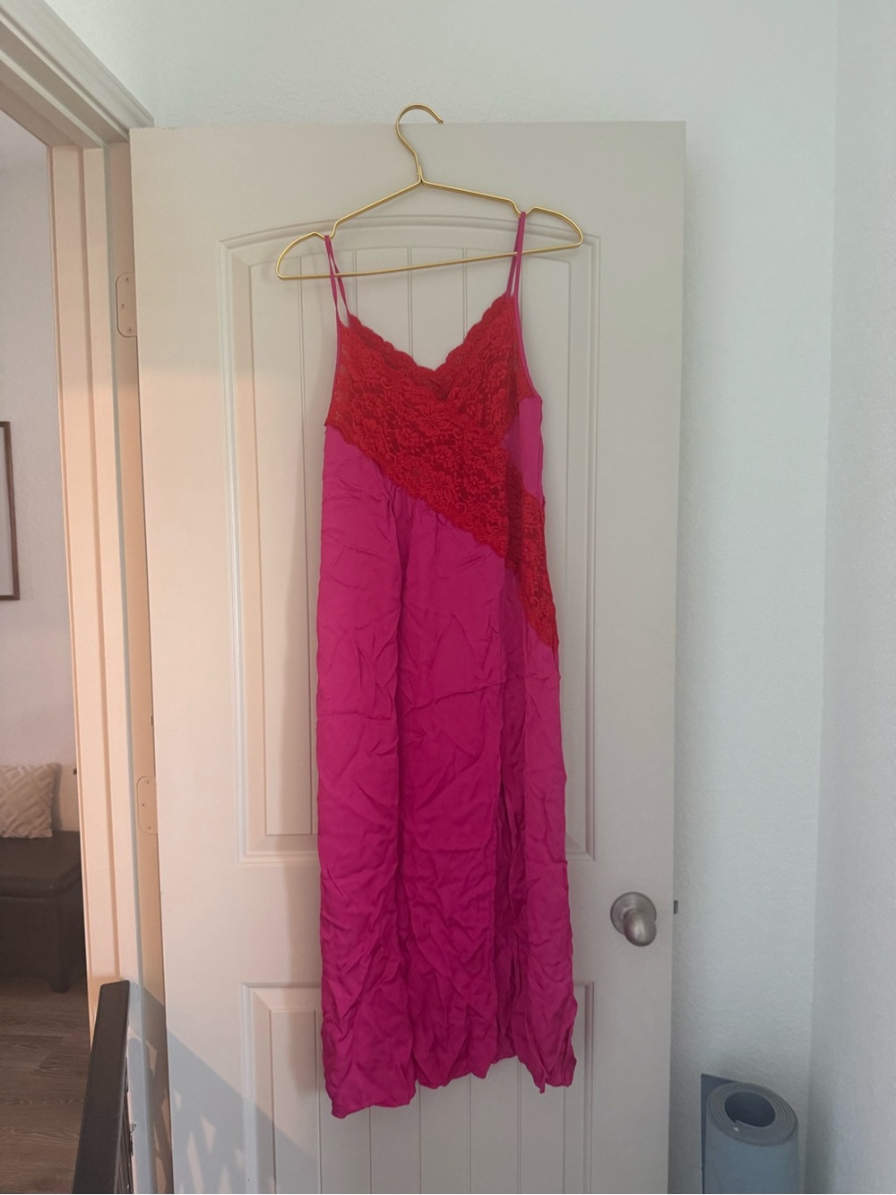 Topshop Pink Slip Maxi Dress with Red Lace Trim